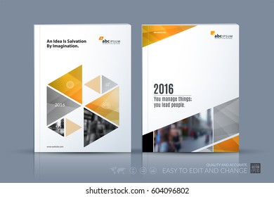 Business vector template. Brochure layout, cover modern design annual report, magazine, flyer in A4 with yellow hexagonal, triangular shapes shapes for business with abstract texture background.