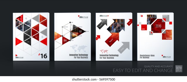 Business vector template mega set. Brochure layout, cover modern design annual report, magazine, flyer in A4 with red geometric shapes for business with abstract texture background.