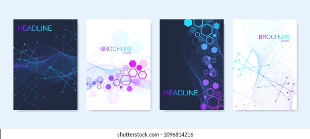 Business vector templates for brochure, cover, flyer, annual report, leaflet. Abstract composition with molecule structure, dots, lines. Wave flow. Science, medicine, technology background