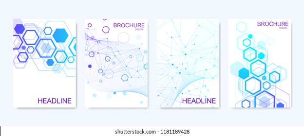 Business vector templates for brochure, cover, banner, flyer, annual report, leaflet. Abstract composition with molecule structure, dots, lines. Wave flow. Science, medicine, technology background.