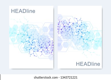 Business vector templates for brochure, cover, banner, flyer, annual report, leaflet. Abstract composition with molecule structure, dots, lines. Wave flow. Science, medicine, technology background.