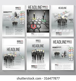 Business vector templates for brochure, flyer or booklet. Group of a professional business team standing in front of gray background. Vector infographic templates for business design.
