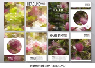 Business vector templates for brochure, flyer or booklet. Purple flowers. Collection of abstract multicolored backgrounds. Natural geometrical patterns. Triangular and hexagonal style.