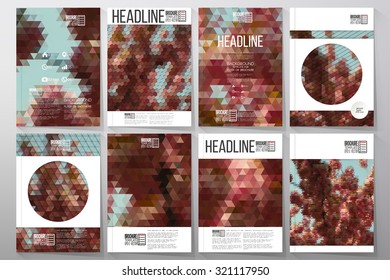 Business vector templates for brochure, flyer or booklet. The tree with purple flowers. Collection of abstract multicolored backgrounds. Natural geometrical patterns. Triangular and hexagonal style.