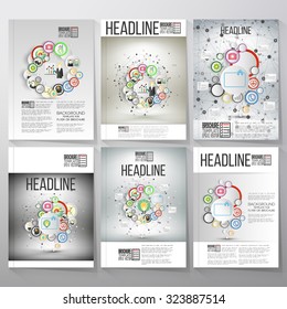 Business vector templates for brochure, flyer. Group of a professional business team standing in front of gray background with timeline and world map. Vector infographic template for business design.