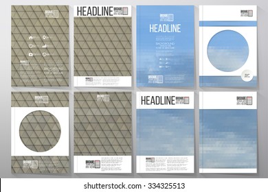 Business vector templates for brochure, flyer or booklet. Dry land and blue sky with clouds. Collection of abstract multicolored backgrounds. Natural geometrical patterns. Triangular style vector 