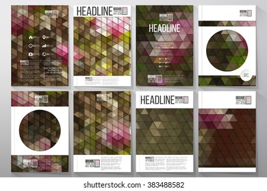 Business vector templates for brochure, flyer or booklet. The tree with purple flowers. Collection of abstract multicolored backgrounds. Natural geometrical patterns. Triangular and hexagonal style.
