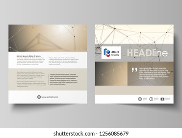 Business vector templates for square design brochure, magazine, flyer, booklet or annual report. Leaflet cover. Technology, science, medical concept. Golden dots and lines, cybernetic digital style. 
