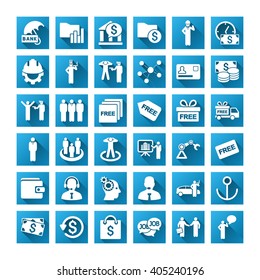 Business vector toolbar icons for software design. Style is white symbols on a square blue background with gradient long shadow. Amount is 42 icons.