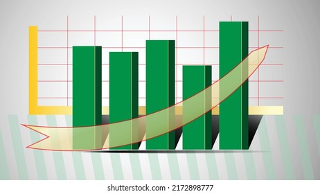 Business vector wallpaper. In the foreground block columns in green with shading. Behind the objects axis with a grid. In front of the blocks an arrow pointing upwards showing the trend.
