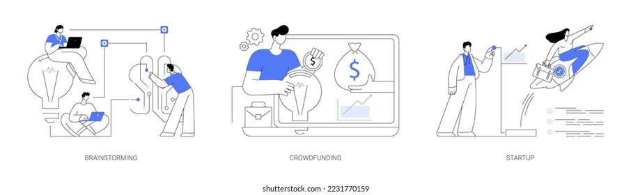 Business venture abstract concept vector illustration set. Brainstorming and teamwork, crowdfunding and crowdsourcing project, startup launch, fundraising platform, collaboration abstract metaphor.