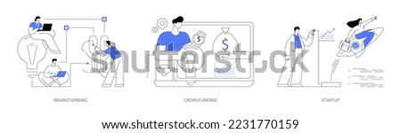 Business venture abstract concept vector illustration set. Brainstorming and teamwork, crowdfunding and crowdsourcing project, startup launch, fundraising platform, collaboration abstract metaphor.