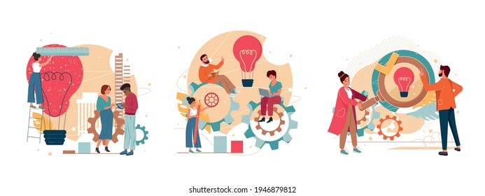 Business-Venture, kreatives Denken, finden Sie Ideen abstrakte Cartoon Vektorgrafik Set. Team-Brainstorming, Kommunikation, Ideenmanagement, Partnerschaft, Startup-Zusammenarbeit, Produktentwicklung.