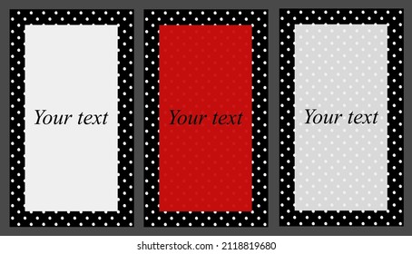 Business vertical card space text for client to sign vector set. Decoration polka dot frame with place for copy space text. Dots background, dot backdrop. Modern polka dots pattern greeting card.  