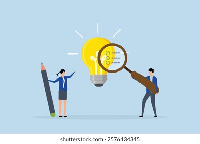 Business viability checking, entrepreneur using magnifying glass examines lightbulb concept. 