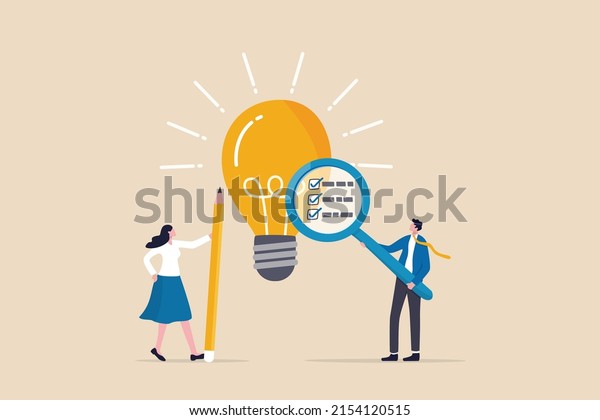 Business viability checking, feasibility study by\
market research to see possibility to success in real world,\
evaluate profitable of business idea, businessman with magnifier\
analyze lightbulb\
idea.