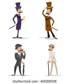 Business Victorian Gentleman Meeting Cartoon Character Set English Great Britain City Background Retro Vintage Design Vector Illustration