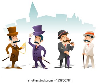 Business Victorian Gentleman Meeting Cartoon Character Set English Great Britain City Background Retro Vintage Design Vector Illustration