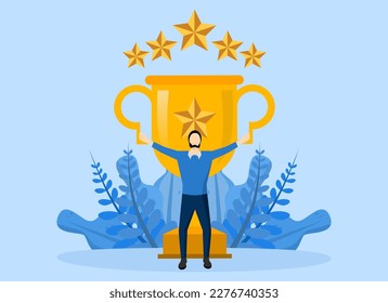 Business victory or achievement concept, cheerful businessman standing in front of winning trophy, victory or award, achievement for leadership success, determination for career success concept.