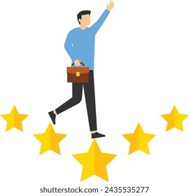 Business victory or achievement concept, cheerful businessman standing in front of winning trophy, victory or award, achievement for leadership success, determination for career success concept.