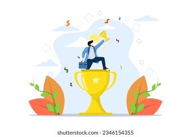 business victory or achievement concept, win or award, achievement leadership success, determination for career success, cheerful winning businessman holding trophy above big win trophy. vector.