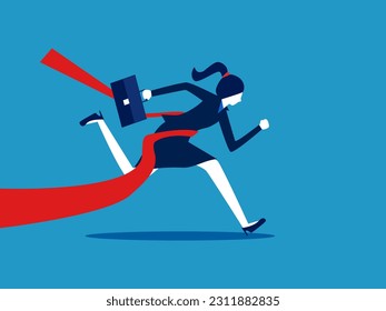 Business victory. Businesswoman running to the finish line