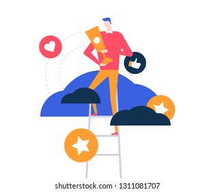 Business victory - colorful flat design style illustration on white background. A composition with a businessman standing on a ladder in the sky, holding a trophy, like buttons. Leadership concept