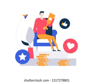 Business victory - colorful flat design style illustration on white background. A composition with a character, businessman sitting in an armchair, holding a trophy, images of coin stack, like buttons