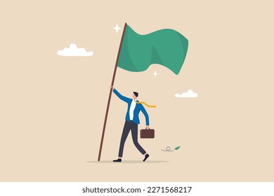 Business victory, mission accomplishment or success achievement, leadership or triumph to win competition, challenge concept, success businessman raising winning flag with triumph and proud.