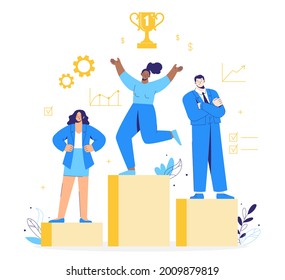 Business victory. People stand on the podium first, second and third place. Team winning award and celebrating success. Characters getting gold cup trophy. Vector flat illustration isolated on white b