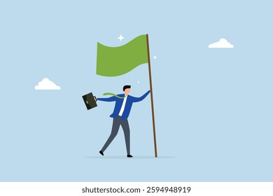 Business victory, successful entrepreneur lifting victory flag with pride and triumph. 