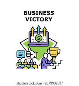Business Victory Vector Icon Concept. Manager Business Victory In Financial And Achievement Competition, Growing Finance Income And Self-development. Winner Holding Golden Cup Color Illustration