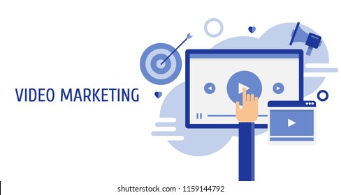 Business Video Ads, Online Video Marketing, Hand Playing Video Flat Design Banner With Icons On White Background