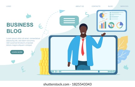 Business video blog concept. A businessman video blogger talking how to do business in his video blog. Flat vector illustration. Web page template.