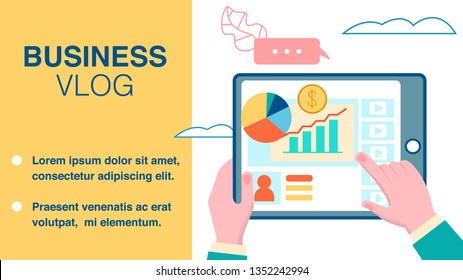 Business Video Blog, Vlog Vector Banner Template. Hands Holding Tablet with Market, Website Traffic Analytics. Financial Literacy Advice Internet Channel Illustration. Educational Video, Information