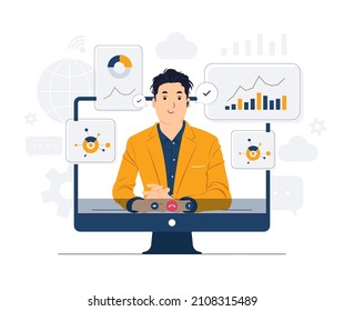Business video call conference, telecommuting, Webinar, using laptop talk to colleagues, online learning and remote working concept illustration