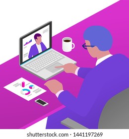 Business Video Conference, Online Training, Webinar. Isometric Vector Illustration.