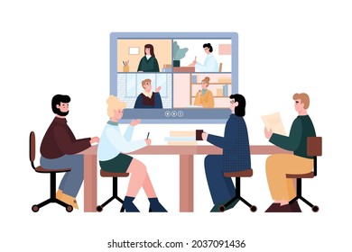 Business video conference with people at table, cartoon vector illustration isolated on white background. Online conference call meeting with video projection screen.