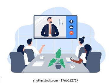 Business Video Conference In The Room With Co-workers. Video Call Meeting With CEO At The Video Projection Screen. Teleconference Concept. Trendy Flat Vector Illustration.