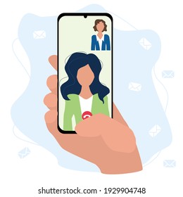 business video conference in a smartphone. conference call with colleague. flat vector illustration isolated