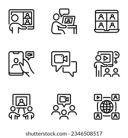 Business Video Conferencing line icons set. teaching, seminar, corporation, teacher, audience, monitor, brainstorming, conference, course, discussion, management, teamwork, meeting