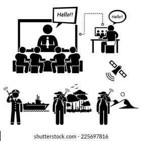 Business Video Conferencing and Man Using Satellite Phone Stick Figure Pictogram Icons