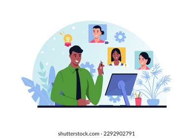 Business videoconference blue and pink concept with people scene in the flat cartoon design. Business man discusses important issues with colleagues via video conference. Vector illustration.