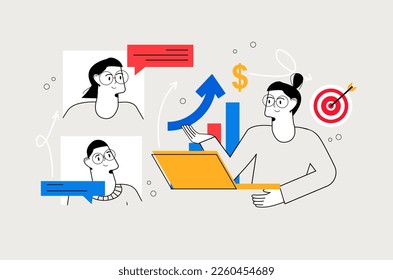 Business videoconference line concept with people scene in the flat cartoon style. Manager decided to hold a video conference to communicate with her business colleagues. Vector illustration.