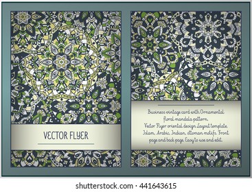 Business vintage card with Ornamental floral mandala pattern. Vector Flyer oriental design Layout template. Islam, Arabic, Indian, ottoman motifs. Front page and back page. Easy to use and edit.