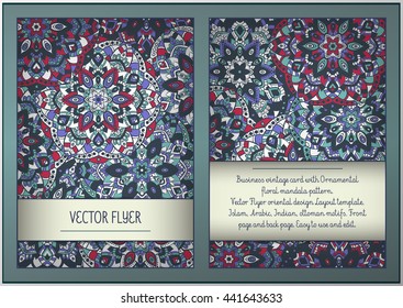 Business vintage card with Ornamental floral mandala pattern. Vector Flyer oriental design Layout template. Islam, Arabic, Indian, ottoman motifs. Front page and back page. Easy to use and edit.