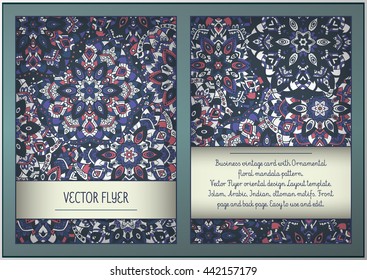 Business vintage card with Ornamental floral mandala pattern. Vector Flyer oriental design Layout template. Islam, Arabic, Indian, ottoman motifs. Front page and back page. Easy to use and edit.