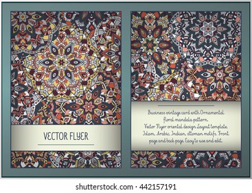 Business vintage card with Ornamental floral mandala pattern. Vector Flyer oriental design Layout template. Islam, Arabic, Indian, ottoman motifs. Front page and back page. Easy to use and edit.