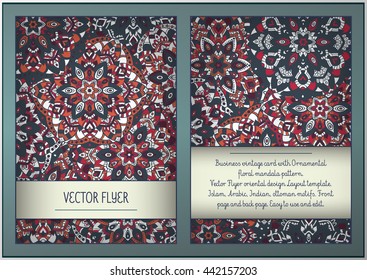 Business vintage card with Ornamental floral mandala pattern. Vector Flyer oriental design Layout template. Islam, Arabic, Indian, ottoman motifs. Front page and back page. Easy to use and edit.