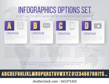 Business Violet Colored Bright Infographics Vector Font Set for Options and Features list. Template for brochure, business charts, web design and posters